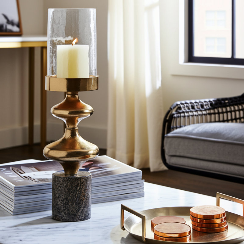 Pillar Holder with Sculptural Aluminum Body, Marble and Stone Base, Textured Glass Top, Glam Luxe Style, Contemporary Accent in Sleek Metal Design for Elegant Modern Decorative Display