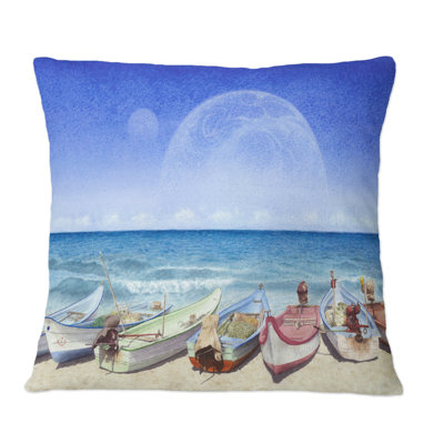 Boats On The Beach With Supermoon - Nautical & Coastal Printed Throw Pillow