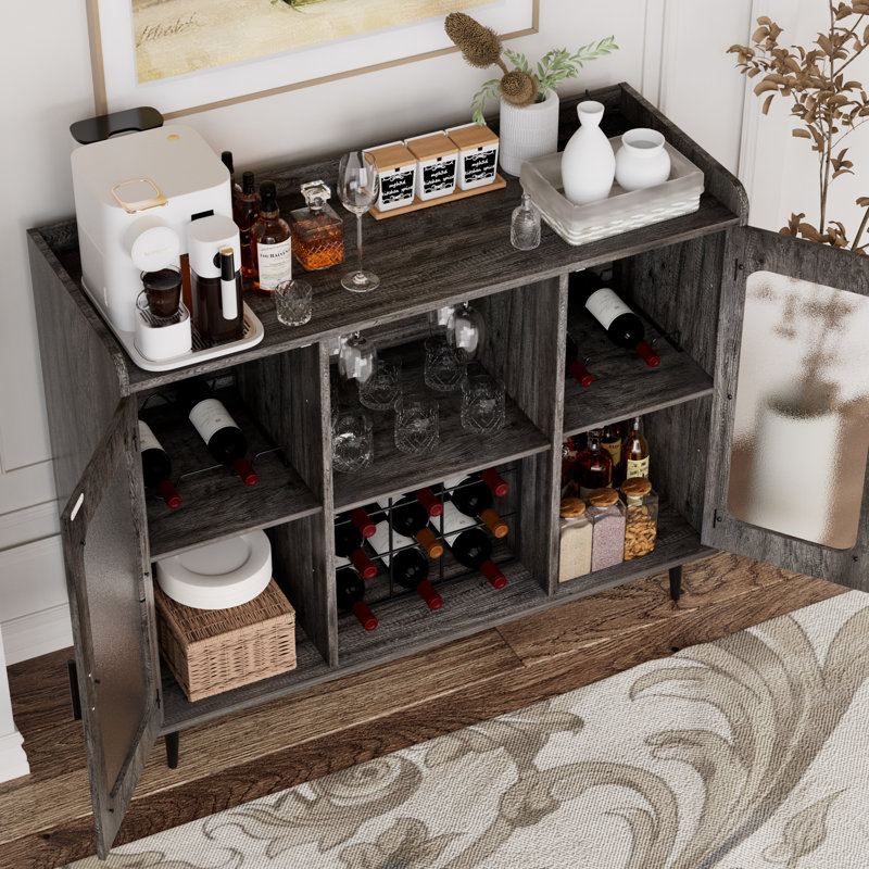 Xachary 40'' Wine Bar Cabinet with 4-Tier Storage for Glasses with LED Lights, Sideboard with Doors, Gray