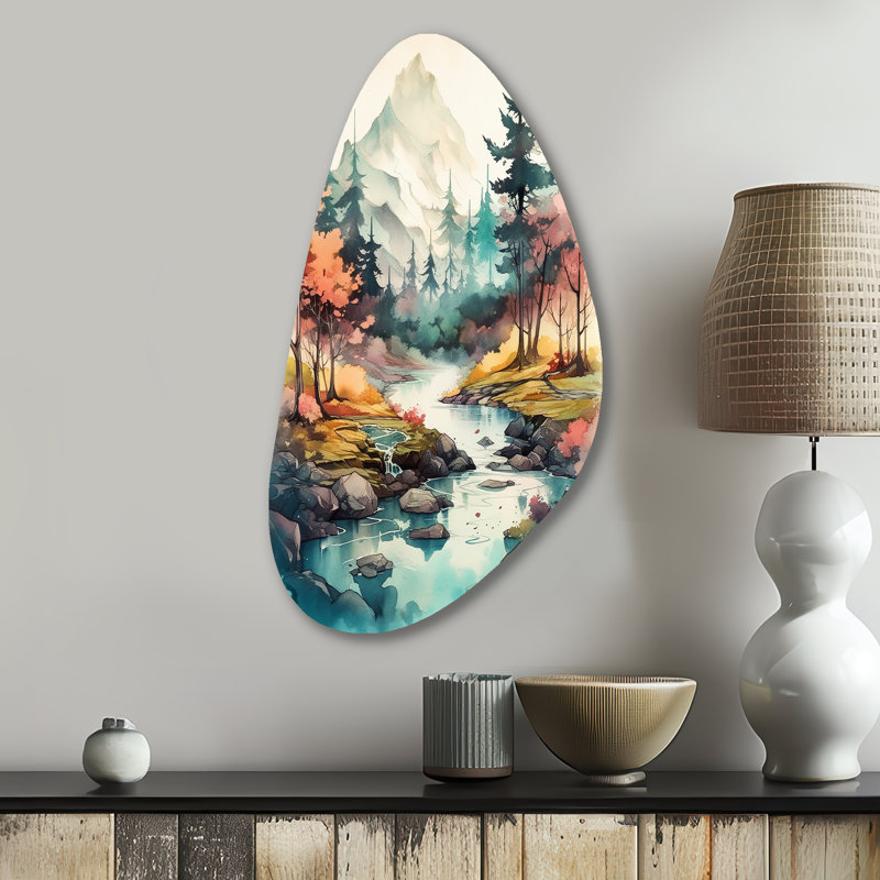Colored Mountains and River III - Unique Shape Mountains River, reproduction d'art murale en métal asymétrique
