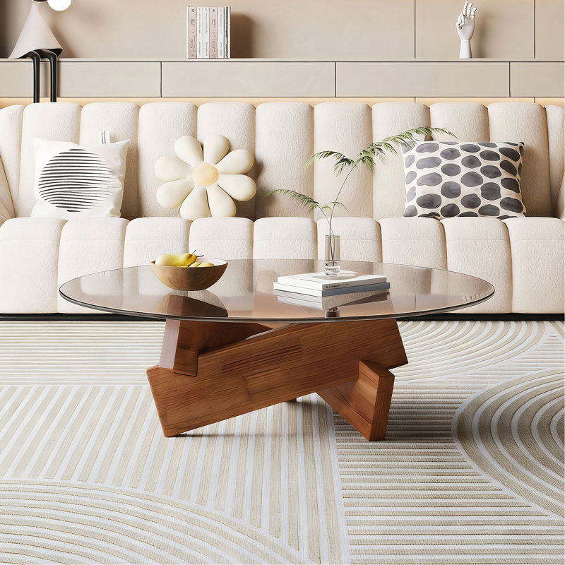 Table basse moderne pour le salon, centre Mid-Century avec plateau en verre trempé et bois, noyer