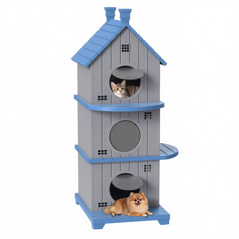 Maison pour chat à 52 étages en résine avec porte de secours, Bleu/Gris, H 52,11 po x L 20,74 po x l 25,54 po