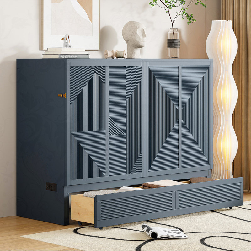 Murphy Bed Cabinet With Drawer And Power Outlets, Full, Gray