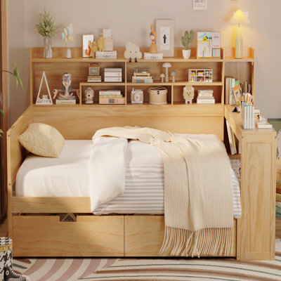 Lit de jour double en bois avec tablettes de rangement, lit multifonctionnel avec deux tiroirs de rangement et bureau d'étude