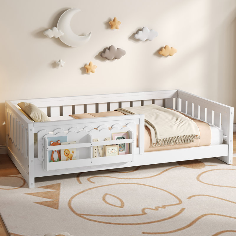 Lit plateforme en bois pleine grandeur avec garde-corps et tablettes de rangement, blanc, Lit double, Blanc