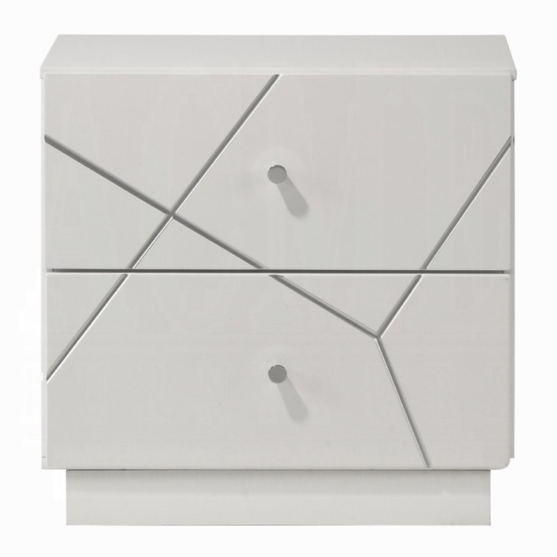 Contemporary High Gloss White 2-drawer Bedside Nightstand With Embossed Line Detailing | Gift Idea