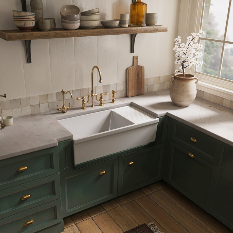 Fireclay Reversible Sink with Integral Drainboard and Decorative 2 ½" Lip on Both Sides, Matte White