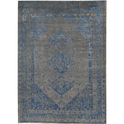 Tapis unique de couleur bleue 10 pi 2 po x 13 pi 11 po à la main  select noué à la main Windsom