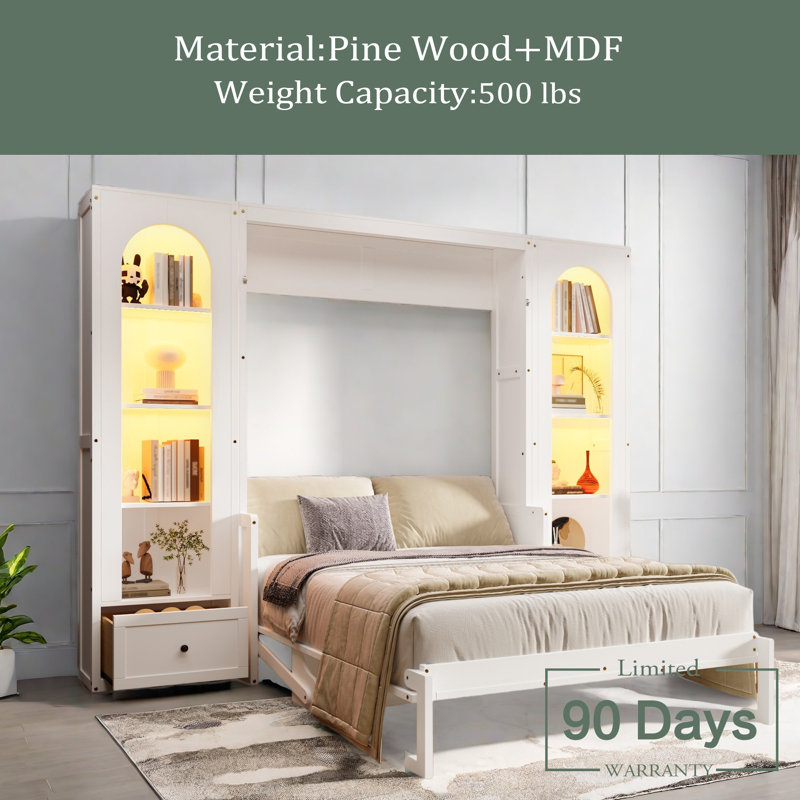 Queen Size Murphy Platform Bed With Shelf, Side Cabinets, Drawers And LED