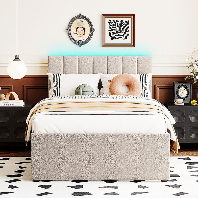 Lit plateforme tapissier avec lit gigogne double Teddy, Lit double, Beige