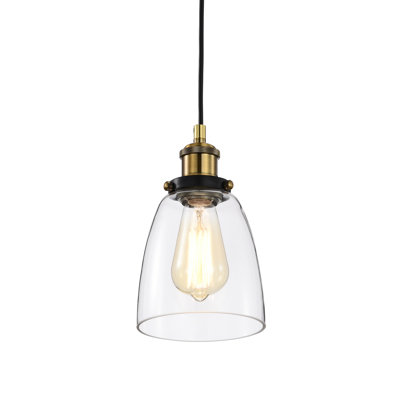 Mini-luminaire suspendu 1 lumière noir et laiton antique avec abat-jour en verre transparent Mateo