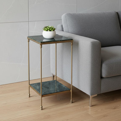 Table de bout carrée en marbre et fer vert et doré 24 po avec tablette
