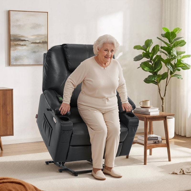 Fauteuil inclinable électrique de 25,2 po de largeur avec massage et chaleur, similicuir, Noir