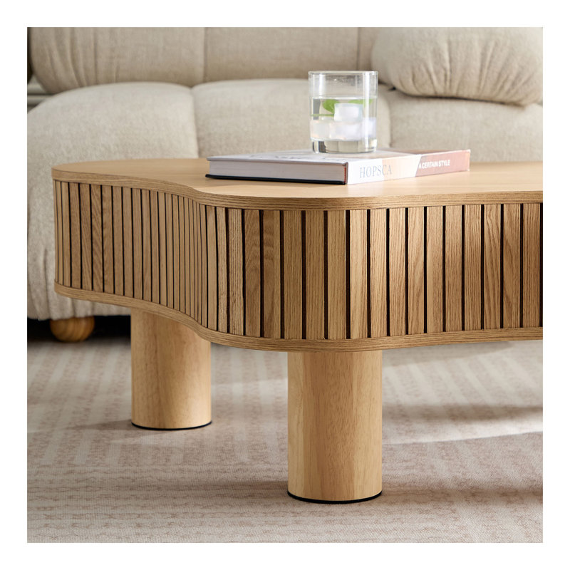 Table basse cylindrique moderne en bois de 42,52 pouces fabriquée à la main de forme irrégulière pour le salon, petite table basse avec piédestal robuste, couleur naturelle
