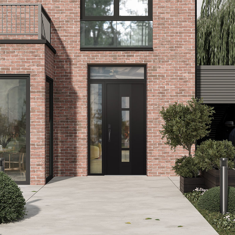Porte d'entrée pré-suspendue en acier à panneau noir Diamond A9 avec panneau latéral et traverse, Droite / vers l'intérieur