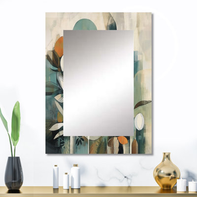 Orange et vert abstrait Bohemia III - grand miroir mural plume Boho, miroir décoratif traditionnel, impression d'art en métal