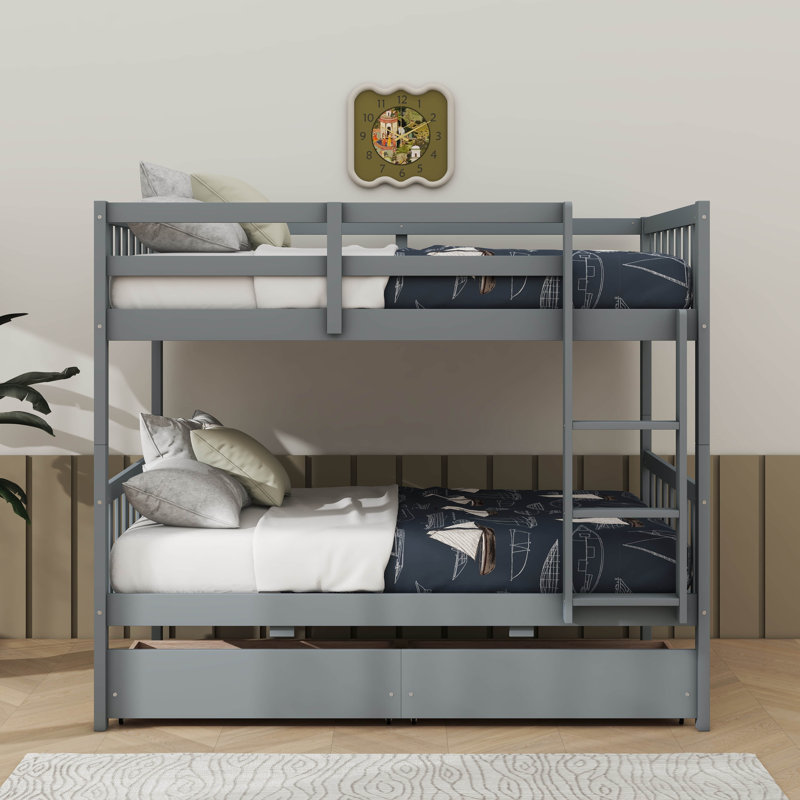 Lit superposé simple au-dessus de simple avec deux tiroirs et convertible en 2 lits, Gris
