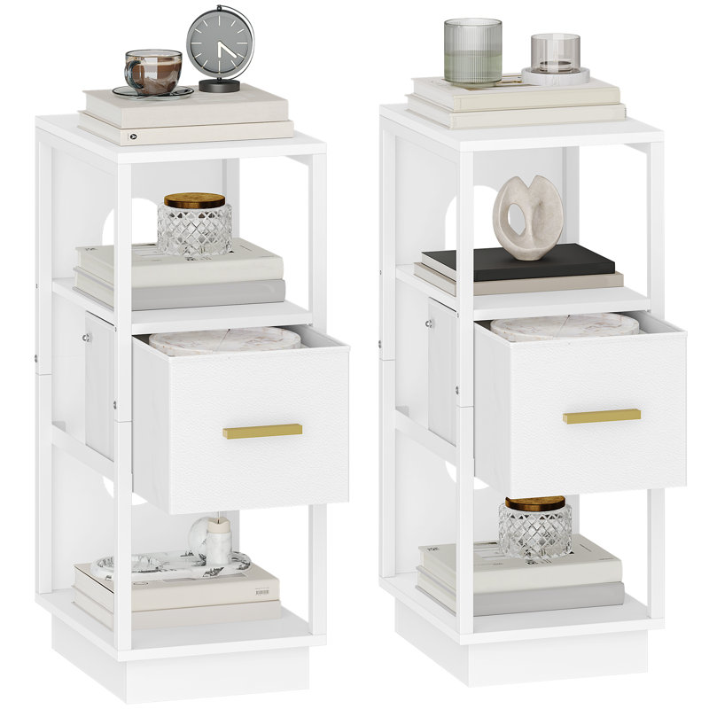 Slim Bedside Tables Set of 2, Side End Table with 1 Fabric Drawer, Metal Frame Bedside Cabinet with Open Compartment, Narrow Nightstand for Bedroom, Livingroom