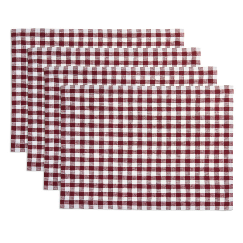 Gingham Checks - 100% Pure Linen Placemats, Burgundy