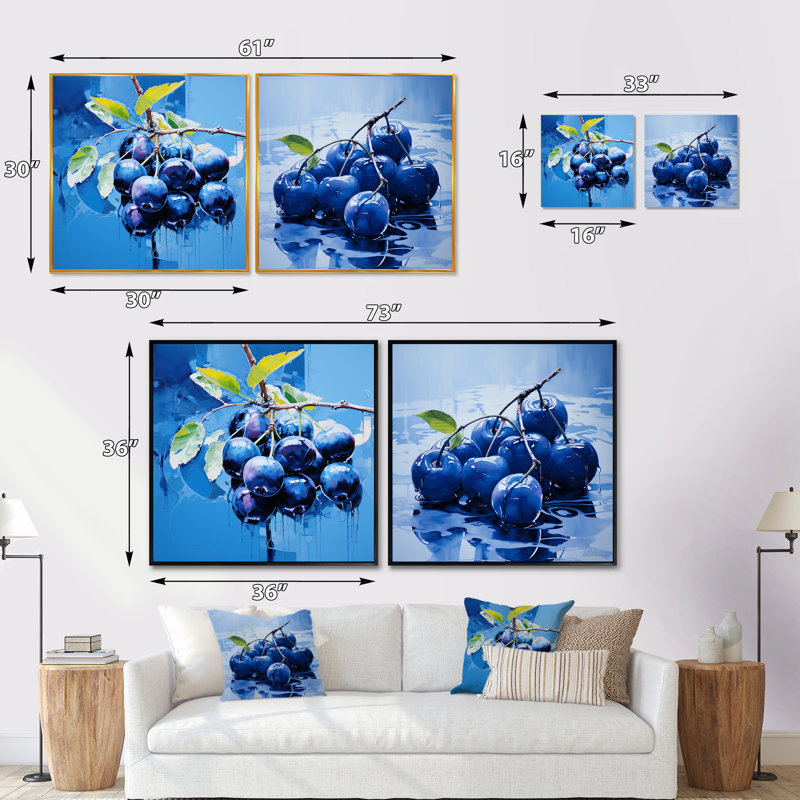 Bleu azur bleu azur abstrait - fruits carré collage ensemble de 2, Cadre flottant noir, H 16 po x l 33 po