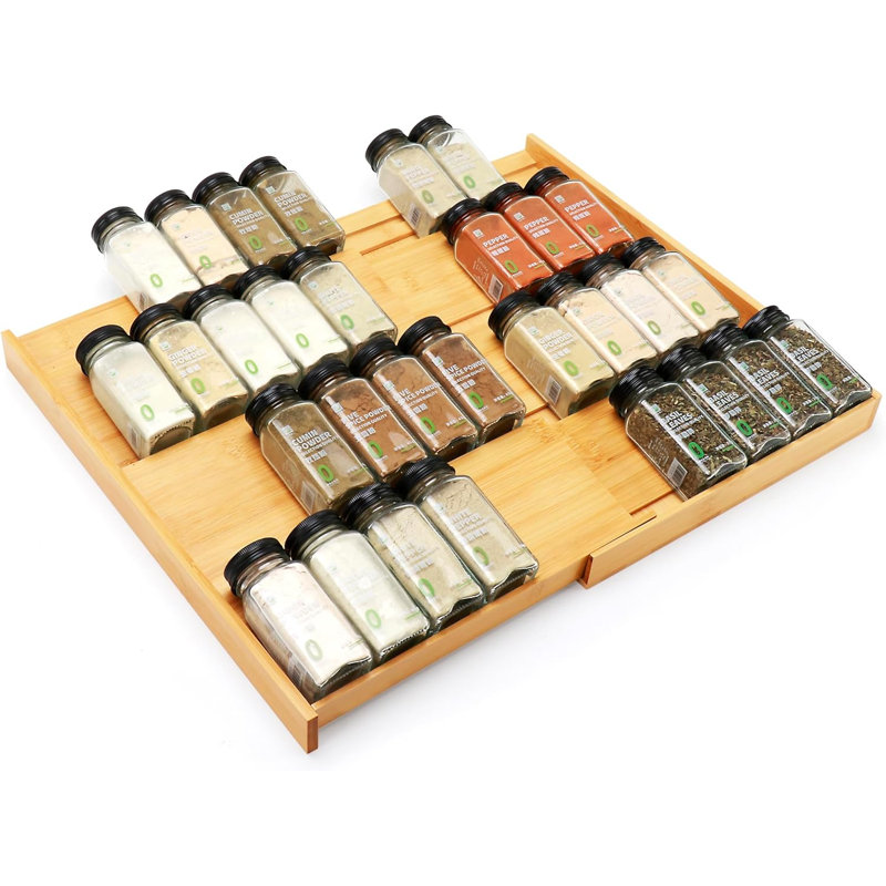 Bamboo Spice Drawer Organizer, (Need 3.1” Deep Drawer) Expandable 4 Tier Spice Rack