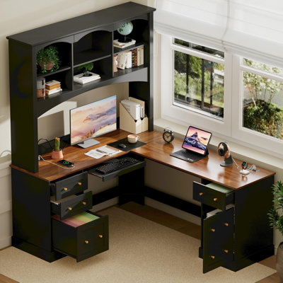 L-Shaped Computer Desk with Hutch and File Drawer, Dual Charging Stations and Keyboard Tray, Two-Tone Finish, MDF with Veneer, Modern Farmhouse, Home Office