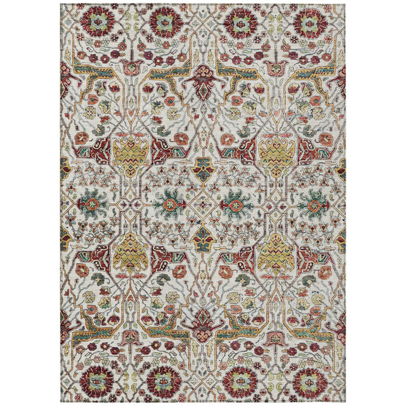 Tapis extérieur lavable à motif floral rouge et vert ivoire 10 pi x 14 pi