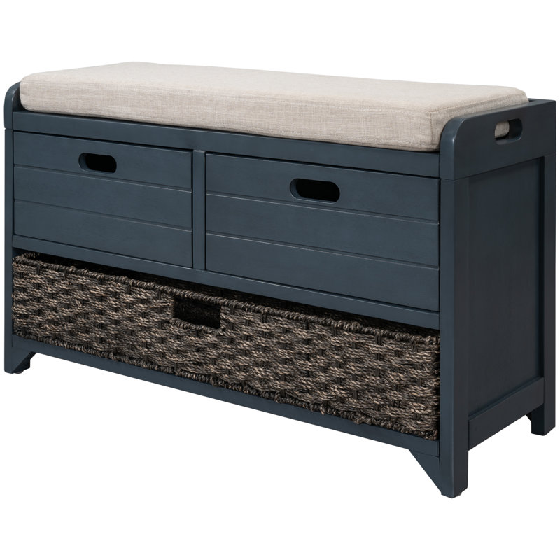 Banc de rangement pour hall d'entrée avec panier amovible et 2 tiroirs Khalin, Bleu marine