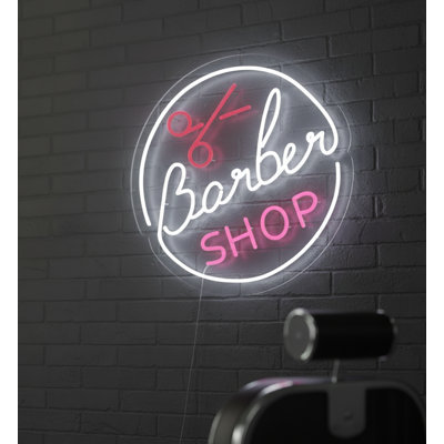  | Enseigne néon Barber Shop | Fabriqué avec des tubes néon incassables durables qui émettent une lumière vive et vibrante pendant plus de 50 000 heures sans gradation ni scintillement | 20 x 20 | Blanc et rose