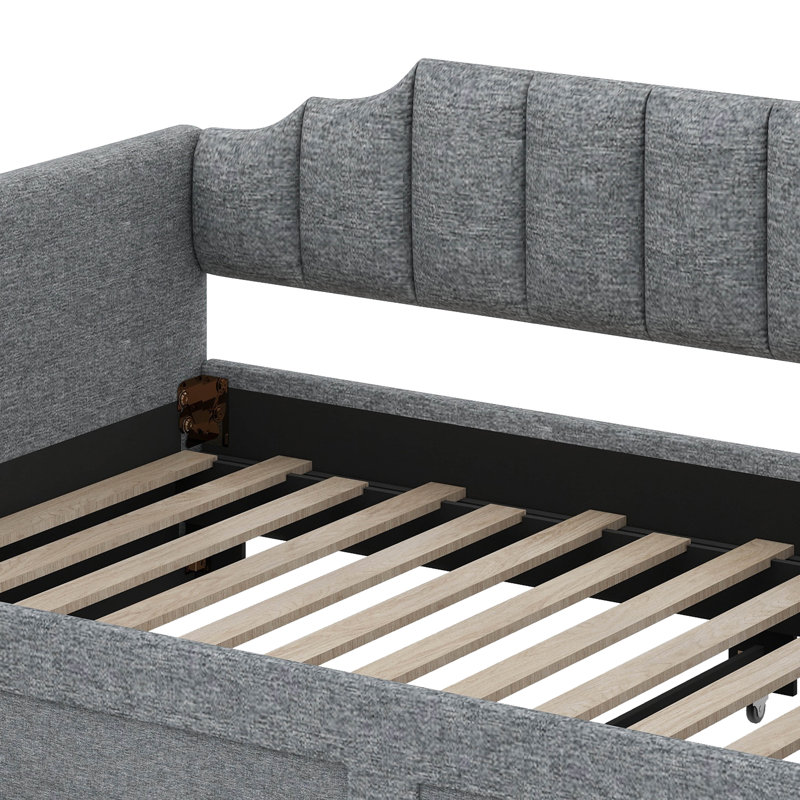 Daybed With Storage Drawers & Pop Up Trundle, Upholstered Extendable Daybed With LED Lights, Gray