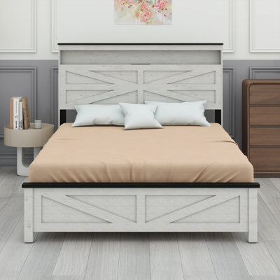 Cadre de lit avec lumières DEL et base de lit plateforme avec coussin de charge, avec tête de lit et espace de rangement caché