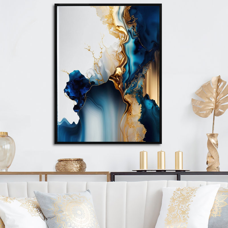 Géode abstraite, marbre doré et bleu I - Art mural abstrait en marbre, L 24 po x H 32 po, Toile avec cadre flottant noir