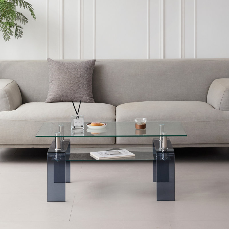 Table basse moderne en verre trempé avec rangement à 2 niveaux, design épuré pour le salon et les petits espaces