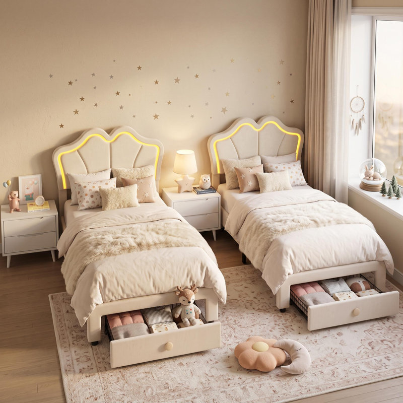 Ensemble de 2 cadres de lit simple avec rangement, cadre de lit tapissier à DEL avec tête de lit, joli cadre de lit plateforme en velours pour enfants, filles, support de lattes de bois, aucun sommier nécessaire, assemblage facile, blanc