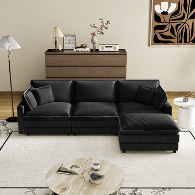 Black Modular Sectional With 4 Seats And Pillows, Modern L-shaped Deep Seat Couch, Breathable Corduroy, Cushioned Foam, Solid Wood Frame, Removable For Apartment - Oversized Seats, Gravity Multiplier