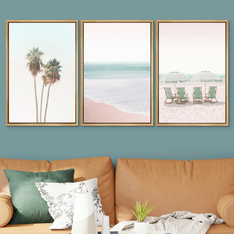 Beach And Plants " Retro Vintage Pastel Tropical Island Beach Coastal Nautical Photography Modern Art Seascape Relax " 3 - Pieces