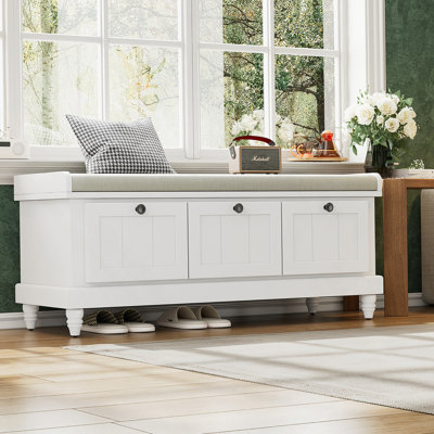 Classic Storage Bench With Cushioned Seat And Three Drawers For Entryway And Living Room