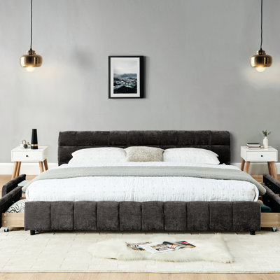 Structure de lit très grand gris foncé avec tête de lit et tiroirs sous le lit, lit plateforme pratique en chenille épaisse et pratique