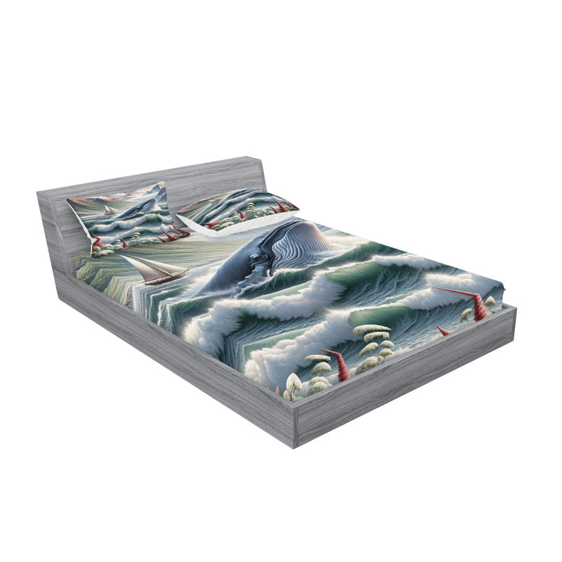 Drap-housse et taie décorative Ambesonne, baleine, montagnes, bateau, bleu-vert et rubis, Très grand