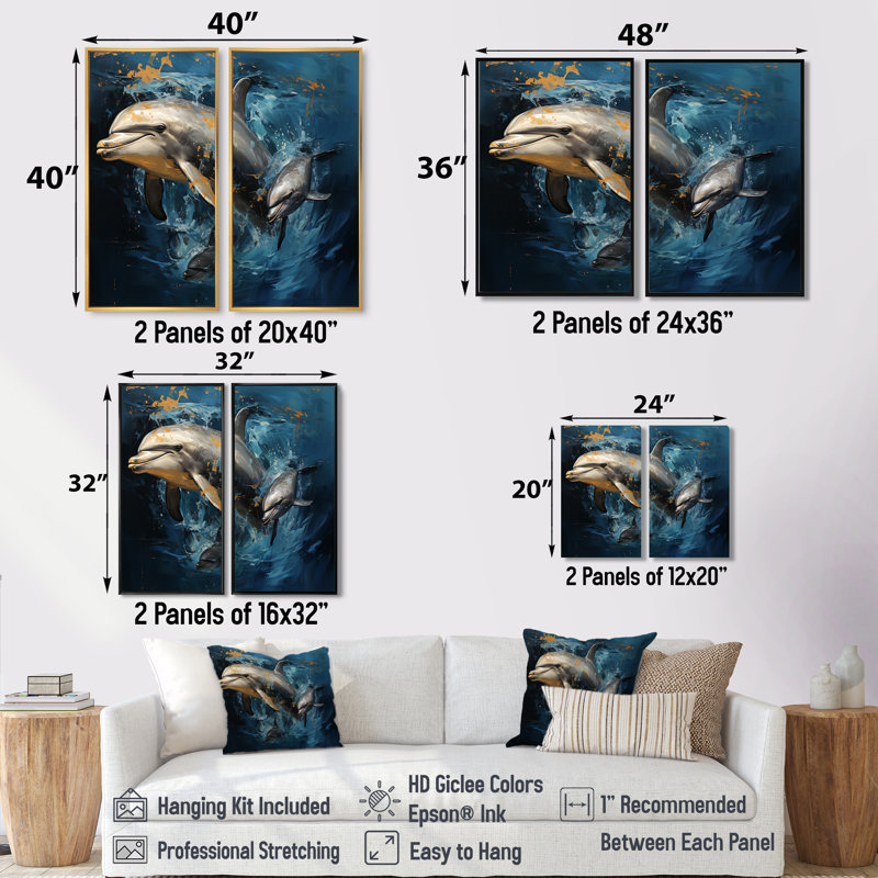 Blue Dancing Dolphines IV - Décoration murale moderne, Impression encadrée flottante, H 36 po x l 48 po, Doré