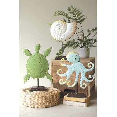 Coastal Tabletop Sculpture Set of 3 Painted Metal Octopus Turtle Shell 14.5" H