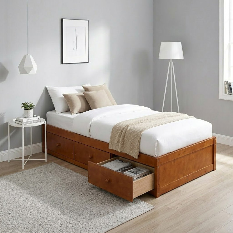 Lit plateforme simple avec rangement, Chêne