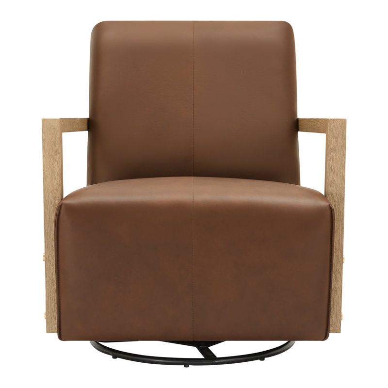 Fauteuil d'appoint pivotant en bois Ricki, Cuir véritable brun foyer