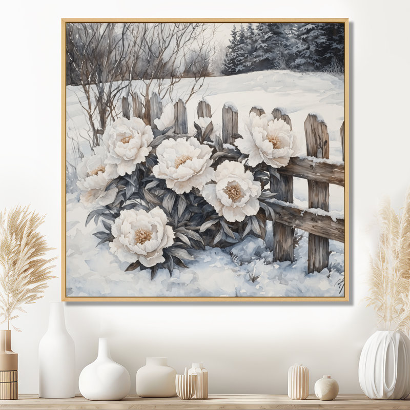 Pivoines d'hiver par la clôture enneigée I - Art mural floral, H 16 po x l 16 po, Crème, crème