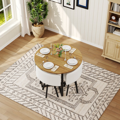 Ensemble de table de salle à manger 5 pièces, table en triamine de grain de bois et chaises en similicuir blanc, ensemble de table et chaises de cuisine moderne pour petits espaces, appartement, coin-repas