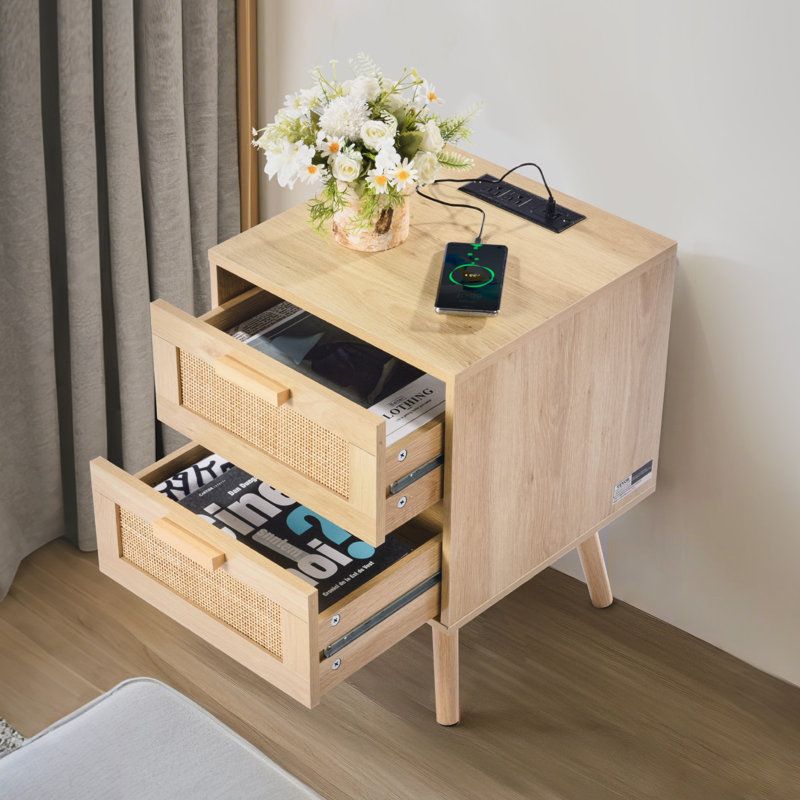 Rattan Nightstand End Table, Side Table with 2 Hand Made Rattan Decorated Drawers