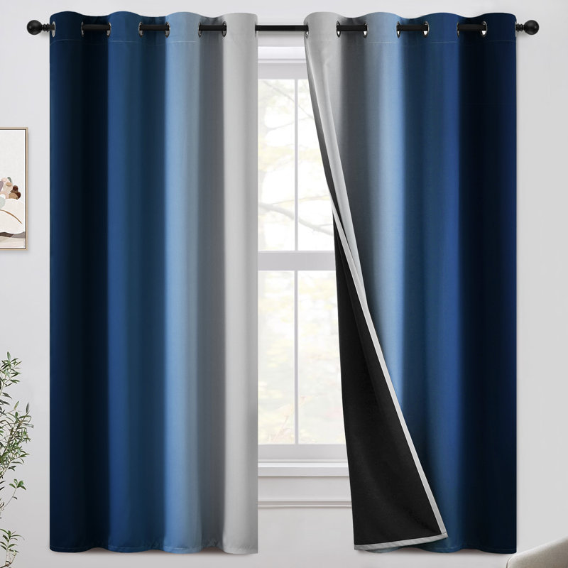 100% Blackout Ombre Curtains,Room Darkening Grommet Gradient Drapes for Bedroom, 52" W x 63" L, Dark Blue