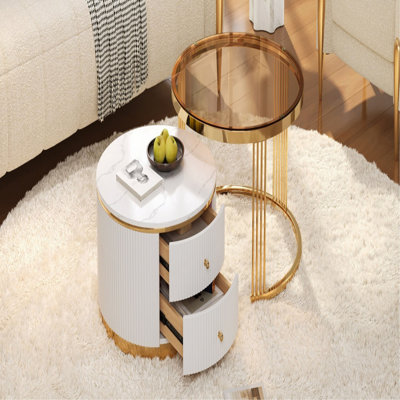 Table basse gigogne moderne 2 pièces avec tiroirs et plateau en verre trempé brun moderne 27,6