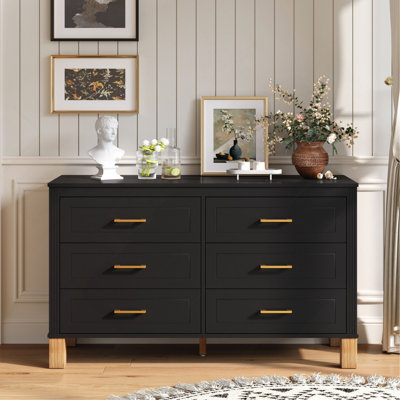 Commode double à 6 tiroirs, armoire de rangement moderne avec poignées en métal et pieds en bois massif, organisateur de tiroir pour chambre d'enfant, commode en bois robuste avec préinstallé
