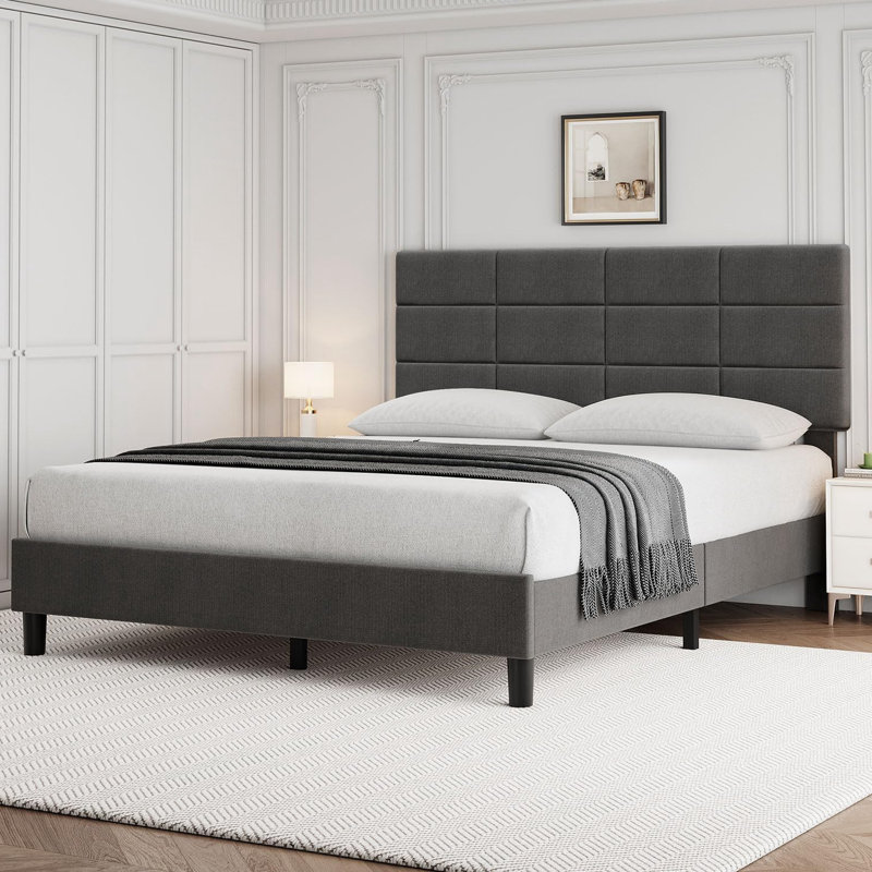 Bed Frame With Headboard, Sturdy Metal Frame With Solid Wooden Slats Support, Queen